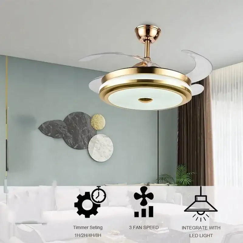 Modern gold retractable ceiling fan light living room remote control