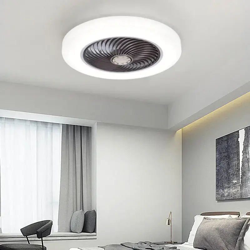 Modern white smart ceiling fan with retractable blades bedroom light