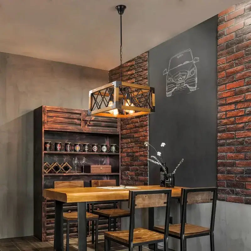 Rustic industrial style pendant lamp wood & black metal dining room