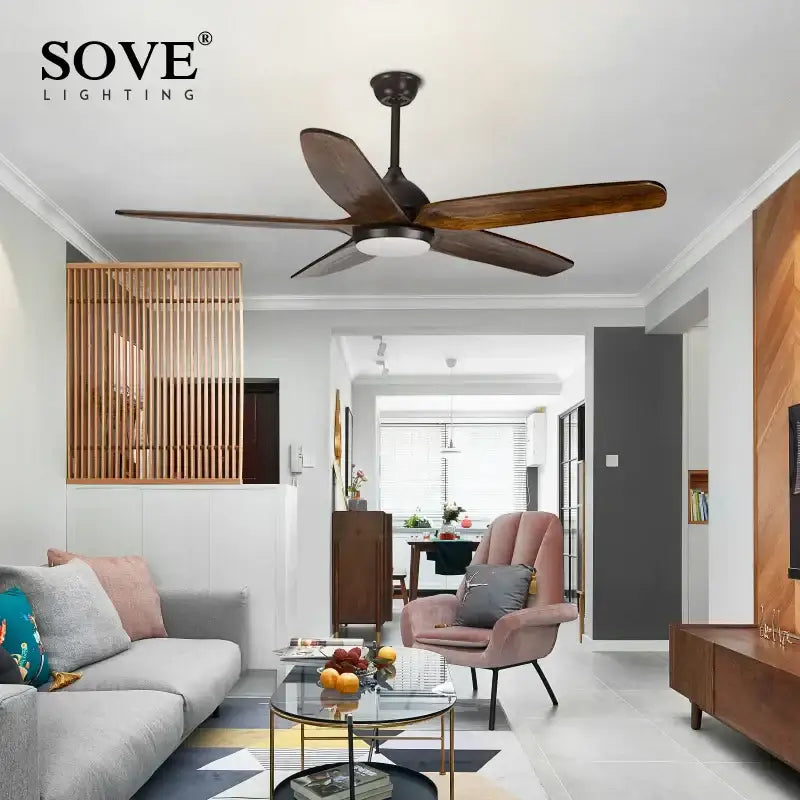 Modern dark brown wood ceiling fan with led light living room remote