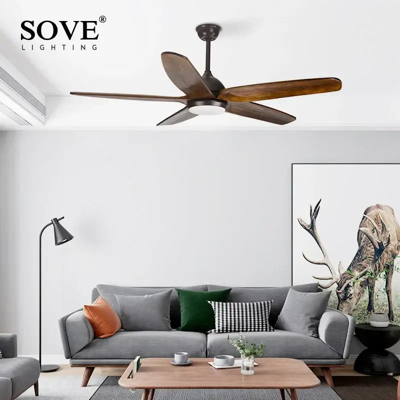 Modern dark brown wood ceiling fan with led light living room remote