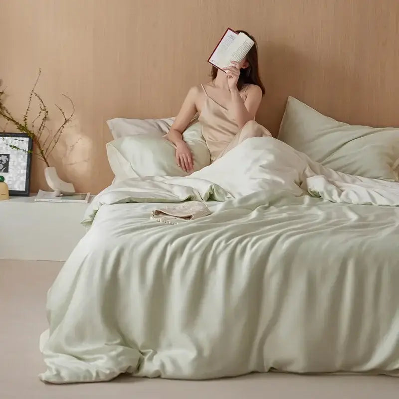 Cream rayon silk bedding set bedroom cooling solid color sheets