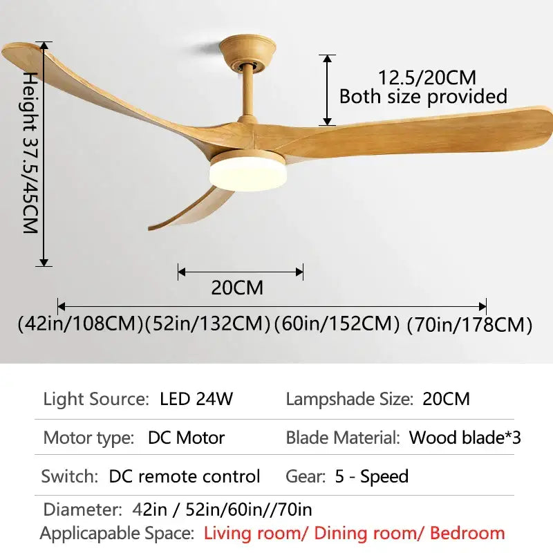 Retro black fan light with solid wood blades living room led fan