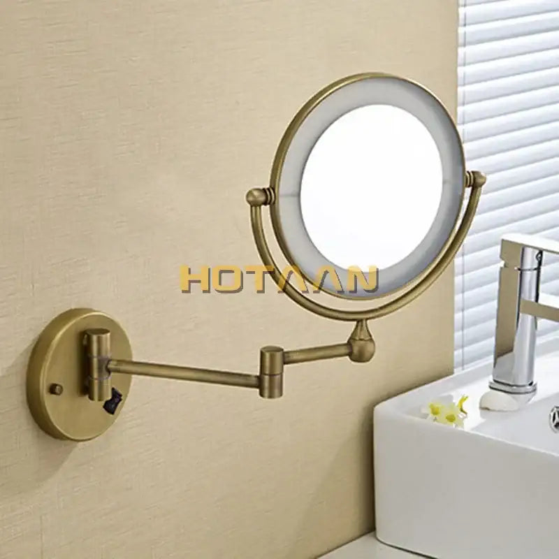Brass round led light makeup mirror bedroom wall mounted 3x magnification