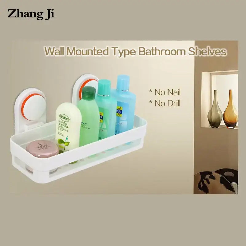 White and orange suction cup bathroom shelf storage rack