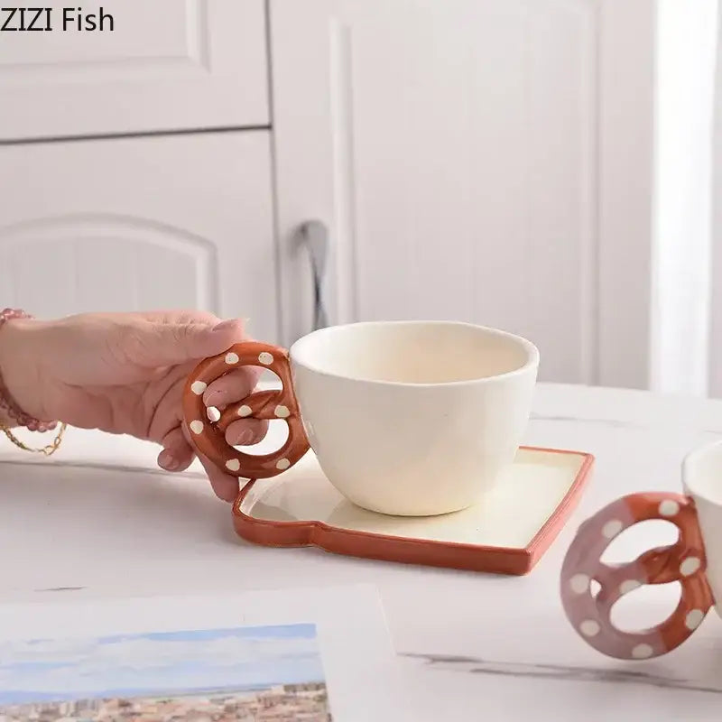 Polka dot pretzel biscuit mug and saucer set dining room ceramic cup