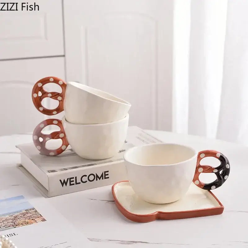 Polka dot pretzel biscuit mug and saucer set dining room ceramic cup