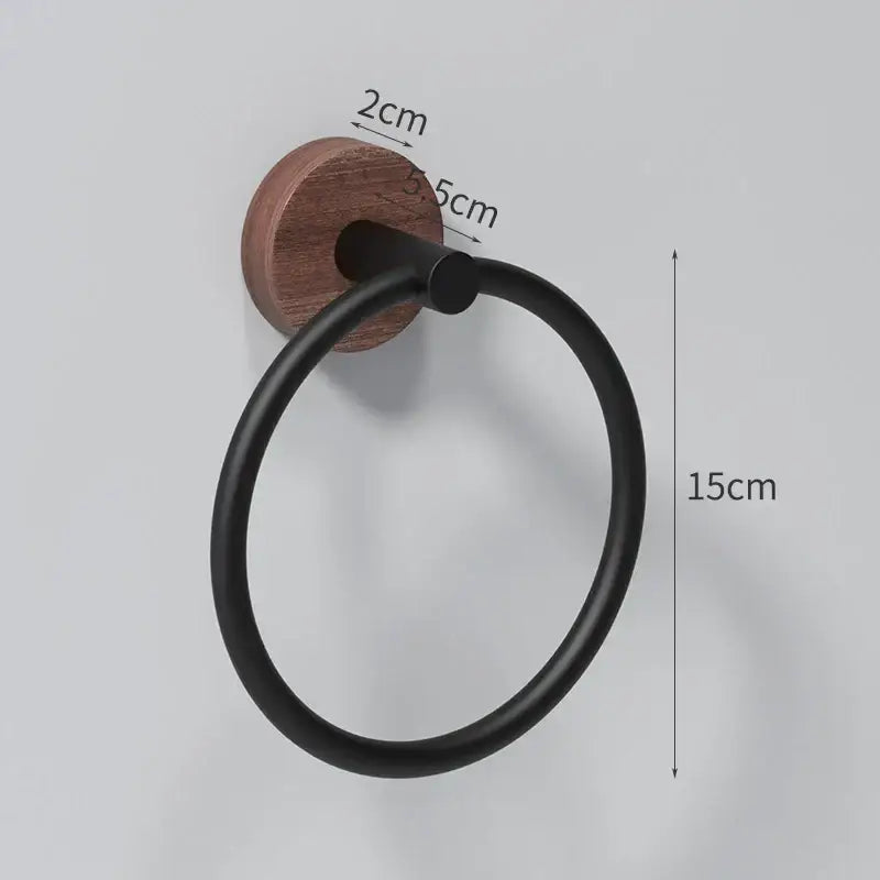 Black matte and walnut towel ring for bathroom and kitchen wall mount