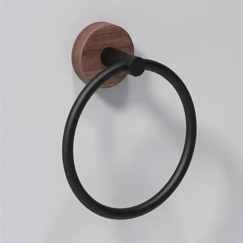 Black matte and walnut towel ring for bathroom and kitchen wall mount