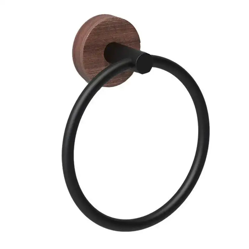 Black matte and walnut towel ring for bathroom and kitchen wall mount
