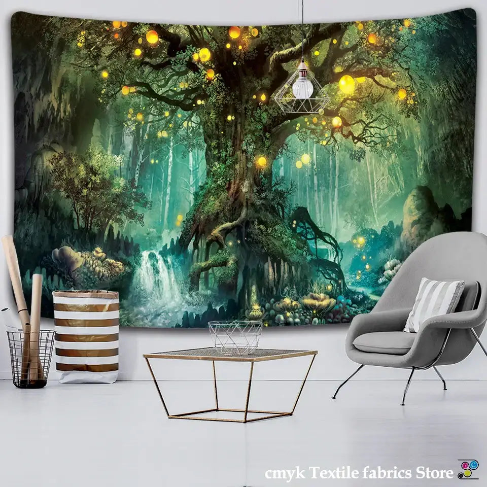 Fantasy ancient trees tapestry bedroom glowing lantern wall decor
