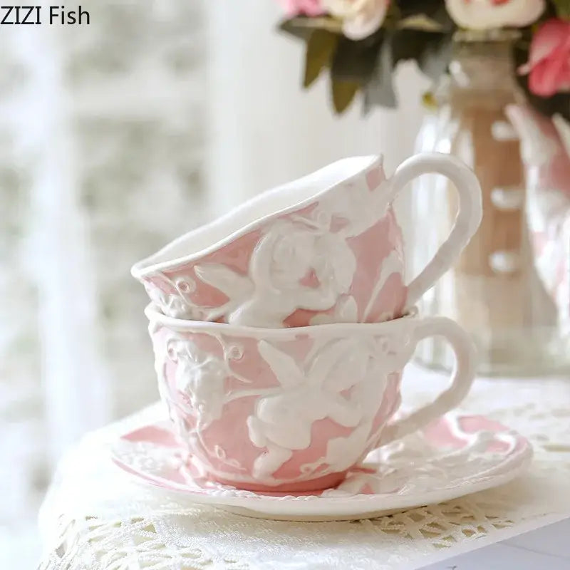Pink and white angel figures relief ceramic teacup dining room set