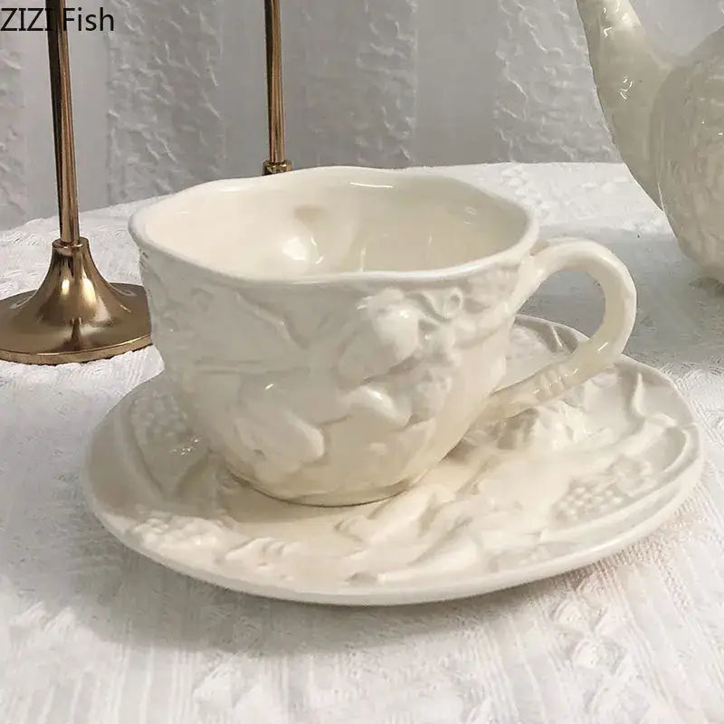 Pink and white angel figures relief ceramic teacup dining room set