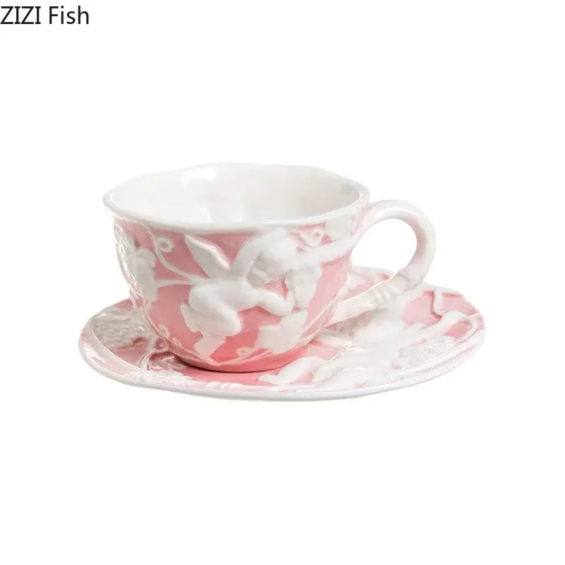 Angel relief ceramic tableware set white floral coffee cups dining room