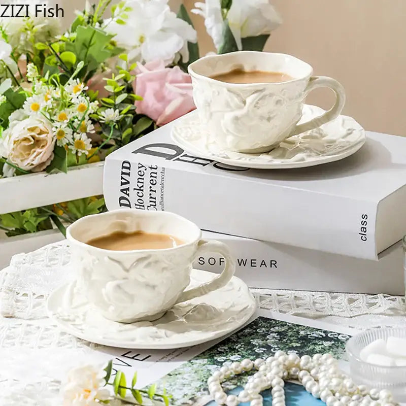 Angel relief ceramic tableware set white floral coffee cups dining room