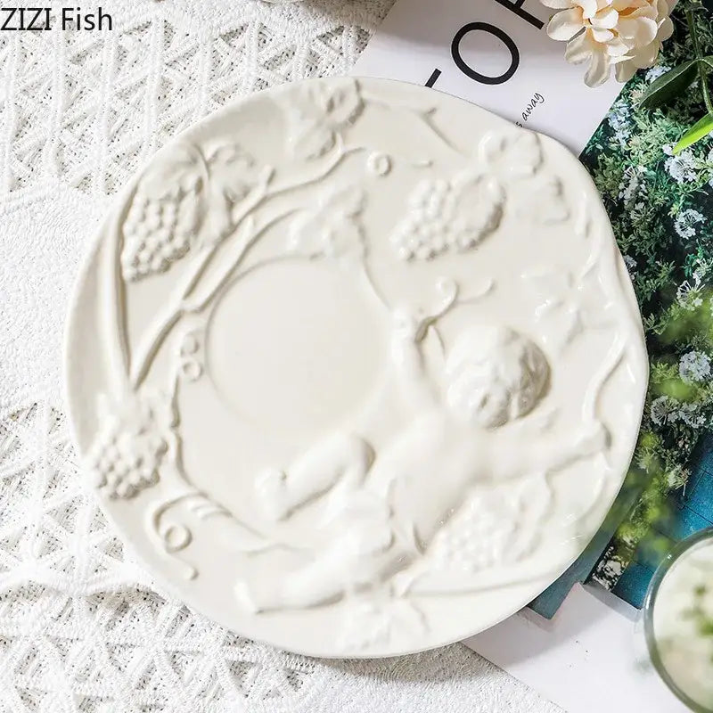 Angel relief ceramic tableware set white floral coffee cups dining room