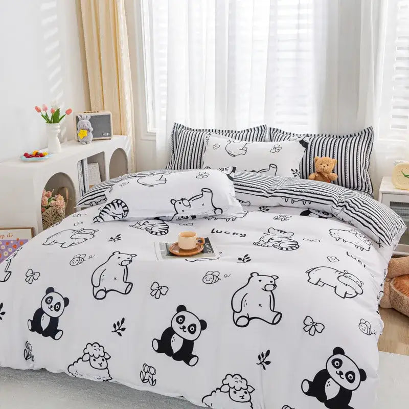 Playful white & black animal pattern bedding set bedroom duvet cover