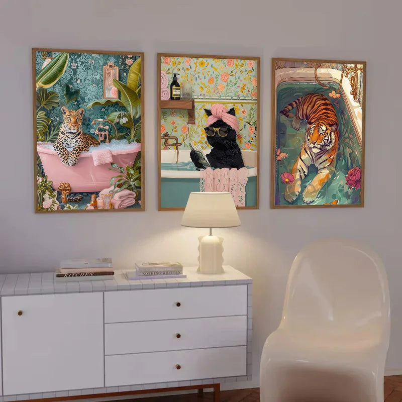 Vibrant tiger and rubber duck animal print canvas wall art living room