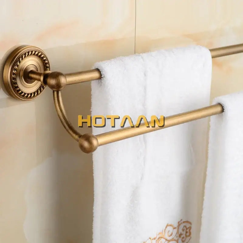 Antique brass double towel bar rack – bathroom ornate wall mount