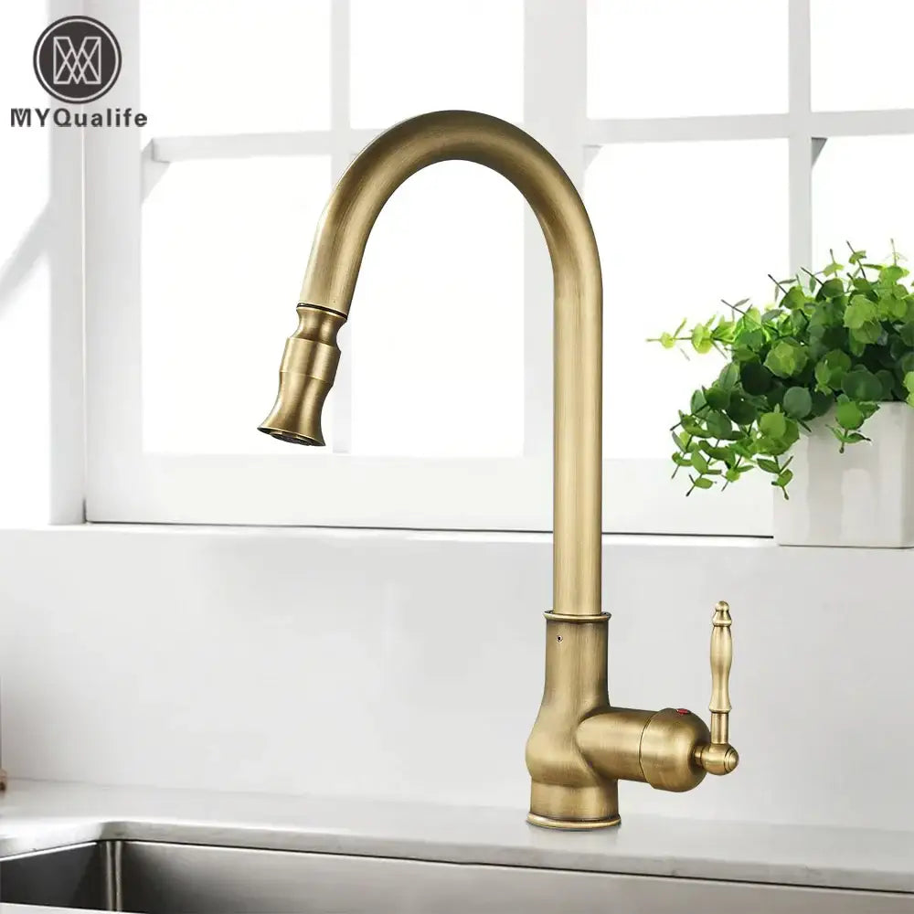 Vintage antique brass kitchen faucet with pull down swivel spout