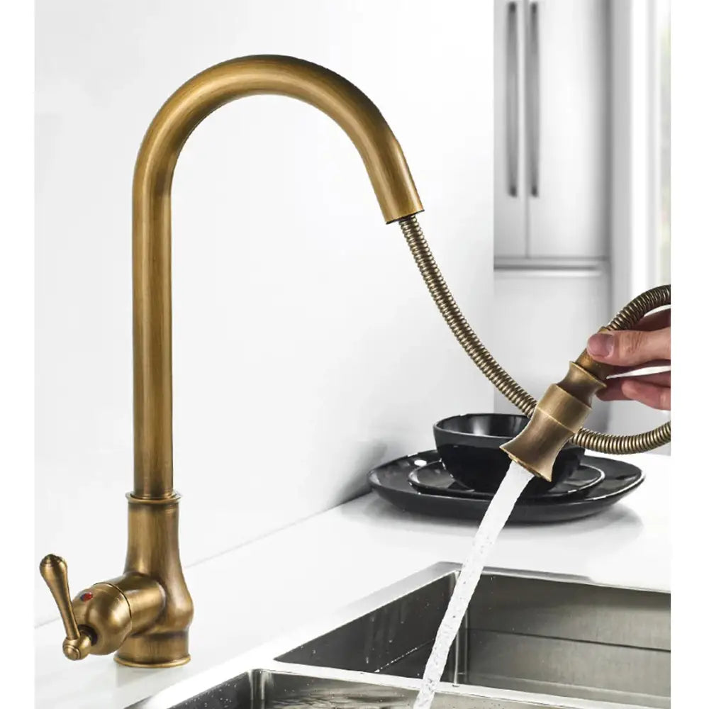 Vintage antique brass kitchen sink faucet with pull down spout
