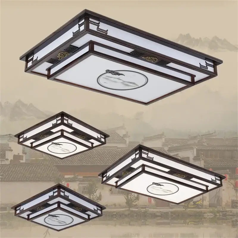 Antique style solid wood chinese landscape ceiling light bedroom