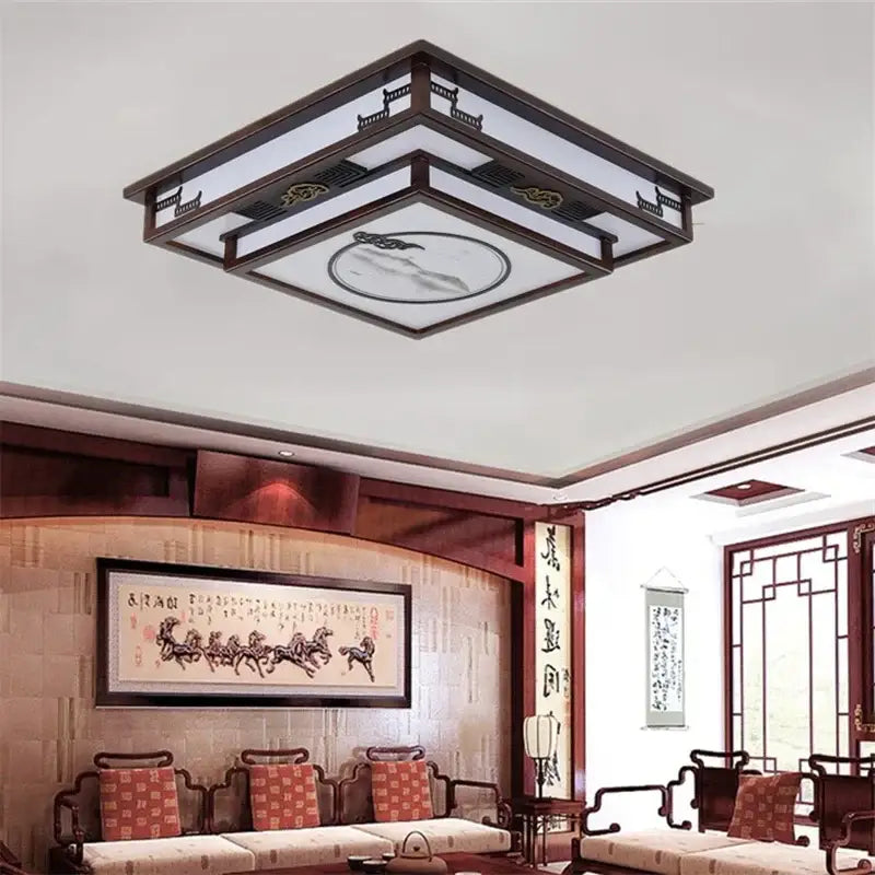 Antique style solid wood chinese landscape ceiling light bedroom