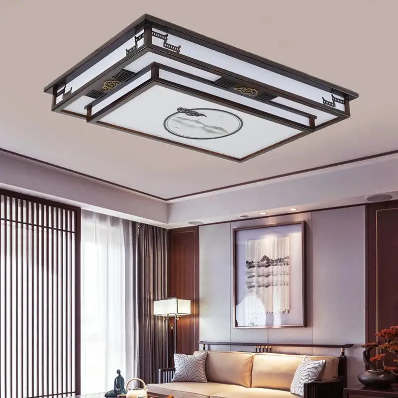 Antique style solid wood chinese landscape ceiling light bedroom
