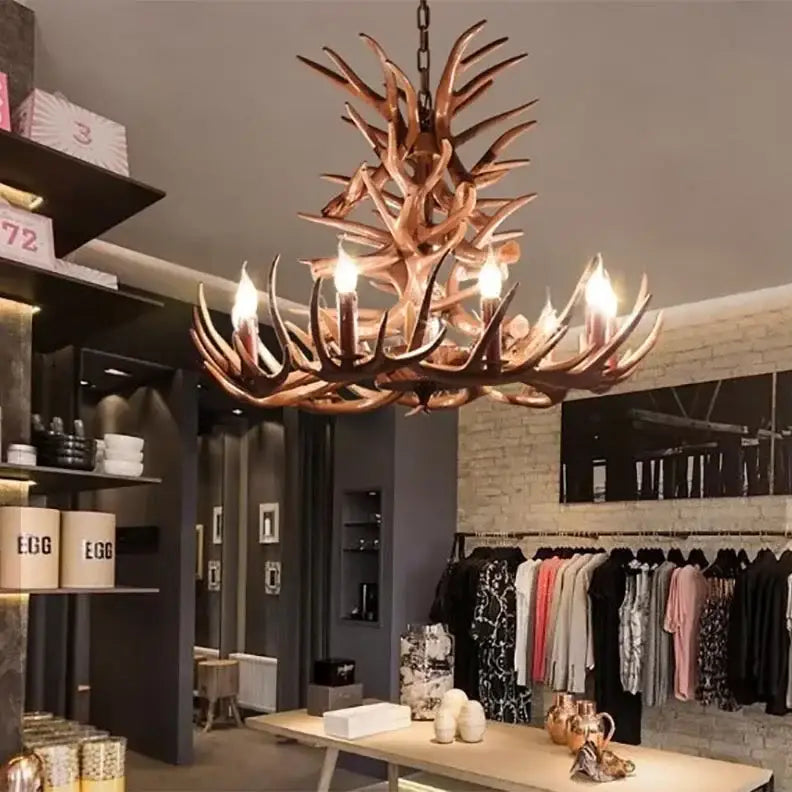 Rustic bronze antler branch ceiling chandelier dining room light