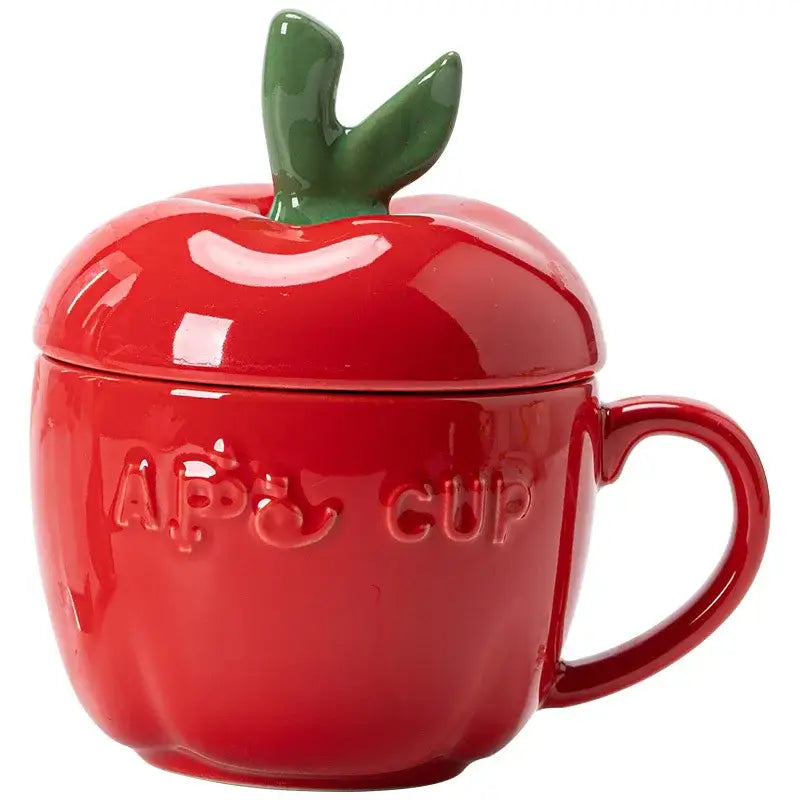 Red ceramic apple fruit mug with leaf lid kitchen kids gift