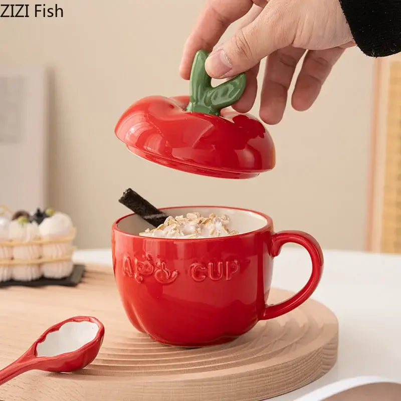 Red ceramic apple fruit mug with leaf lid kitchen kids gift