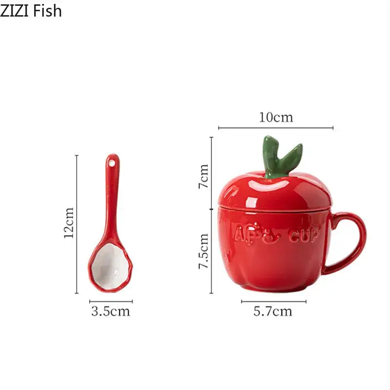 Red ceramic apple fruit mug with leaf lid kitchen kids gift