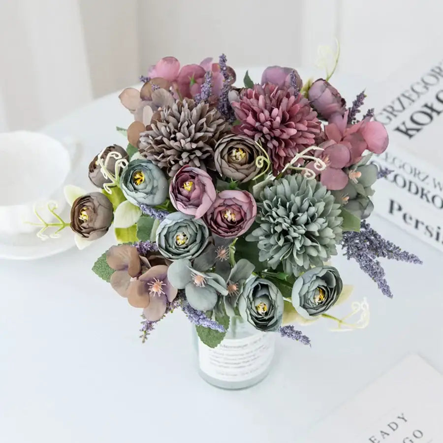 White and yellow artificial hydrangea tea rose bouquet living room
