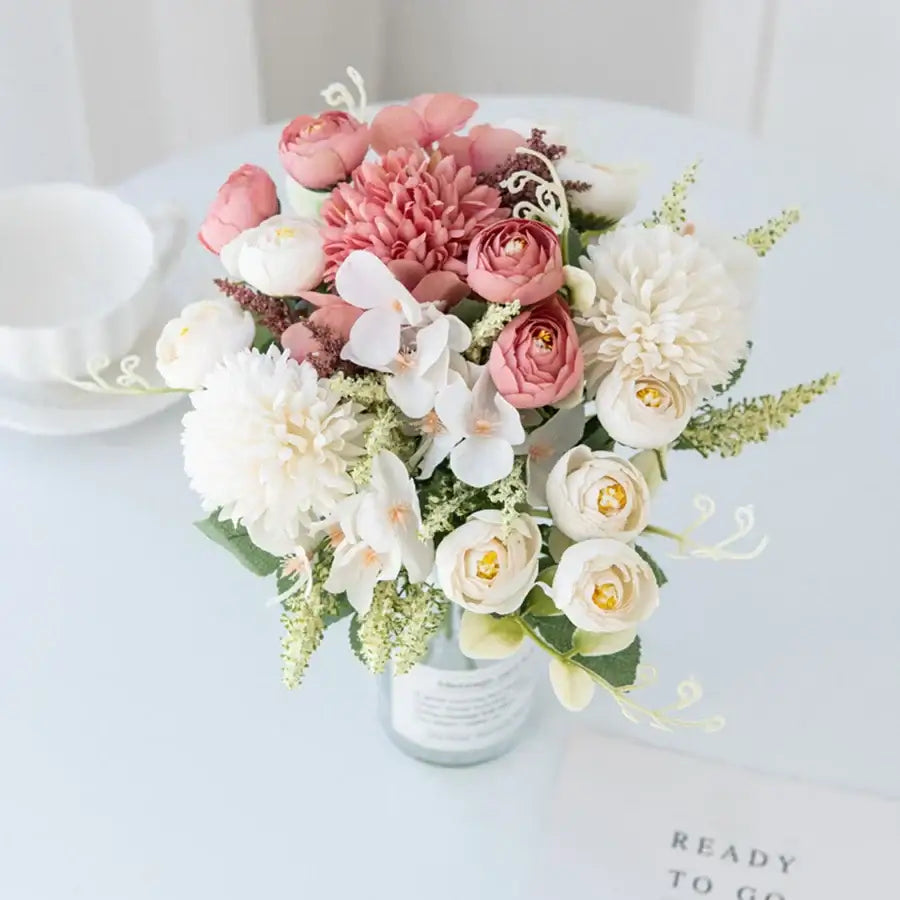 White and yellow artificial hydrangea tea rose bouquet living room