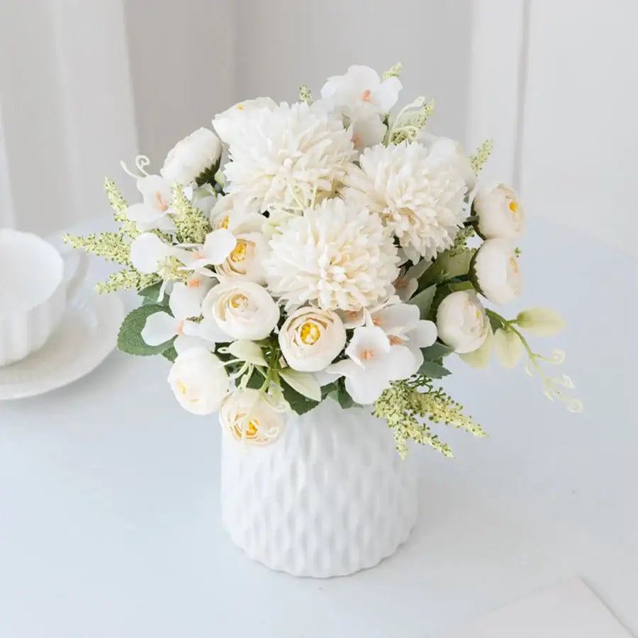 White and yellow artificial hydrangea tea rose bouquet living room