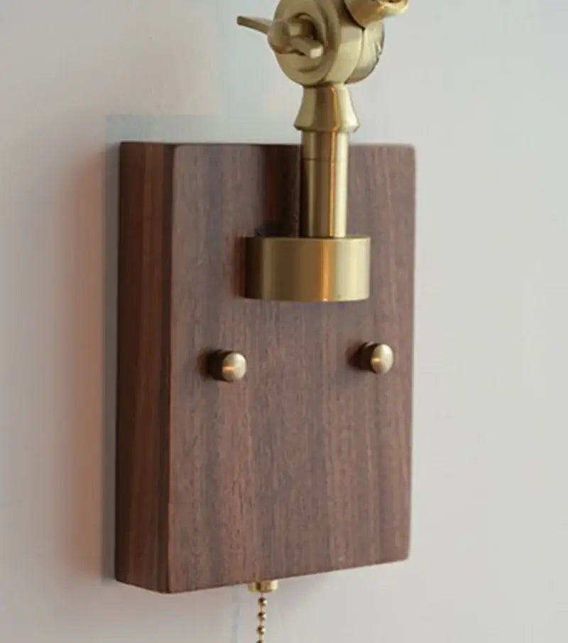 Ash wood led swing arm wall lamp with blue glass bedroom sconce