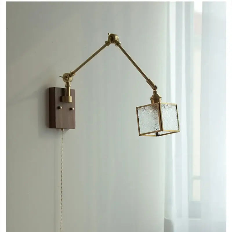 Ash wood led swing arm wall lamp with blue glass bedroom sconce