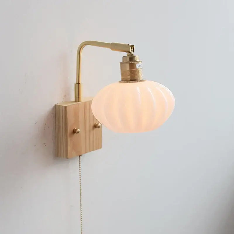 Modern brass and ash wood led wall light bedroom glass sconce