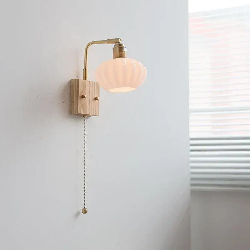 Modern brass and ash wood led wall light bedroom glass sconce