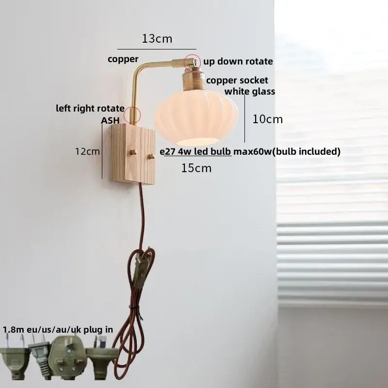 Modern brass and ash wood led wall light bedroom glass sconce