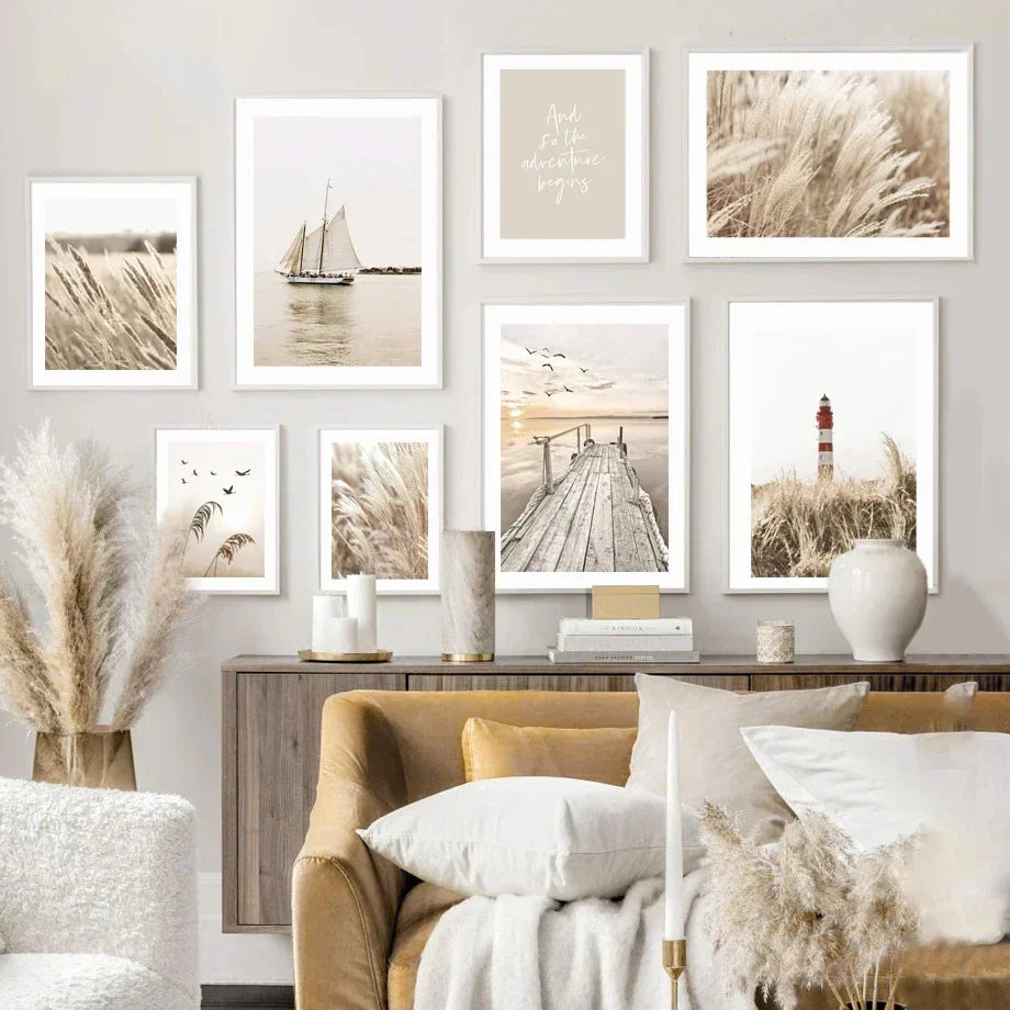 Coastal beige grass canvas wall art bedroom decor