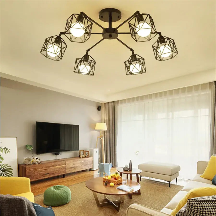 Modern black iron cage chandelier – dining room spider ceiling lamp