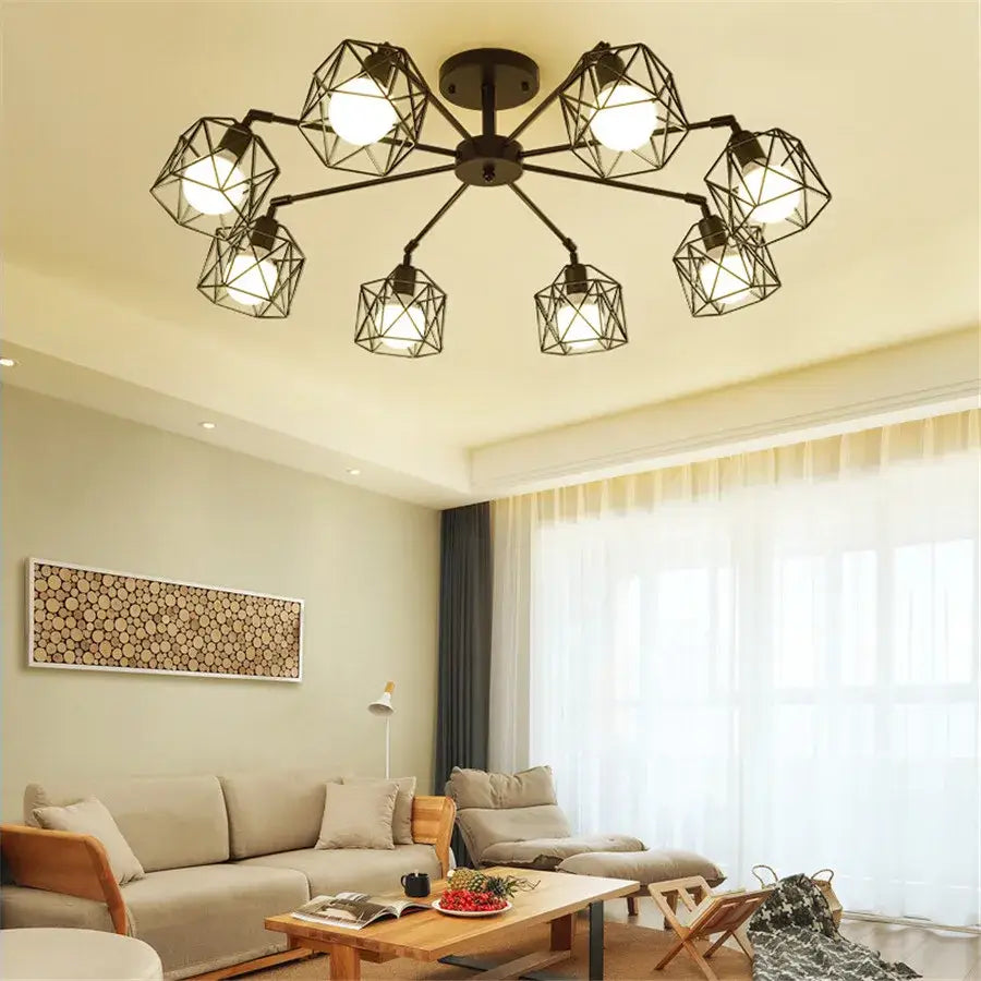 Modern black iron cage chandelier – dining room spider ceiling lamp