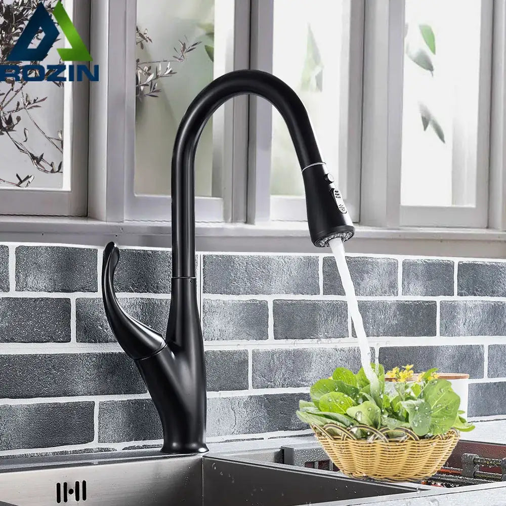 Modern matte black kitchen faucet with pull down spray head