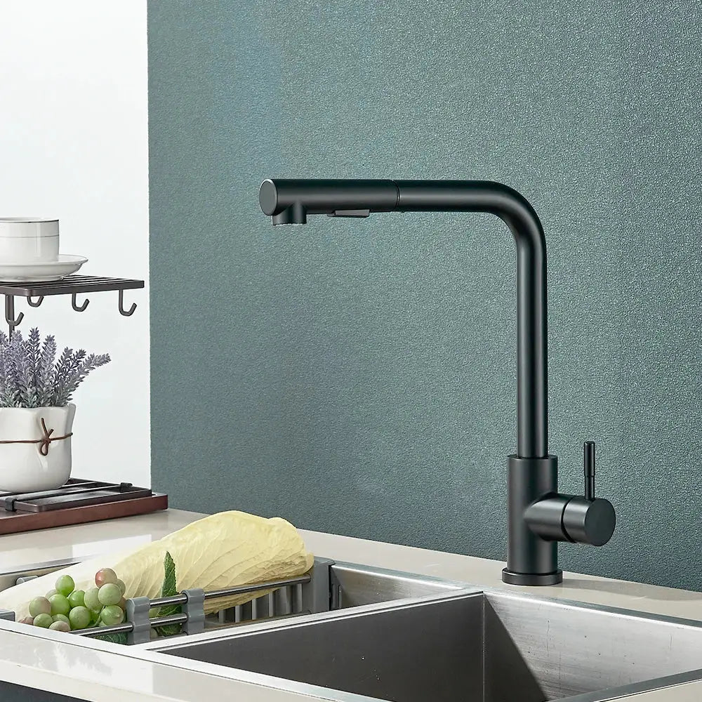Decorbites black pull out kitchen faucet with dual mode nozzle