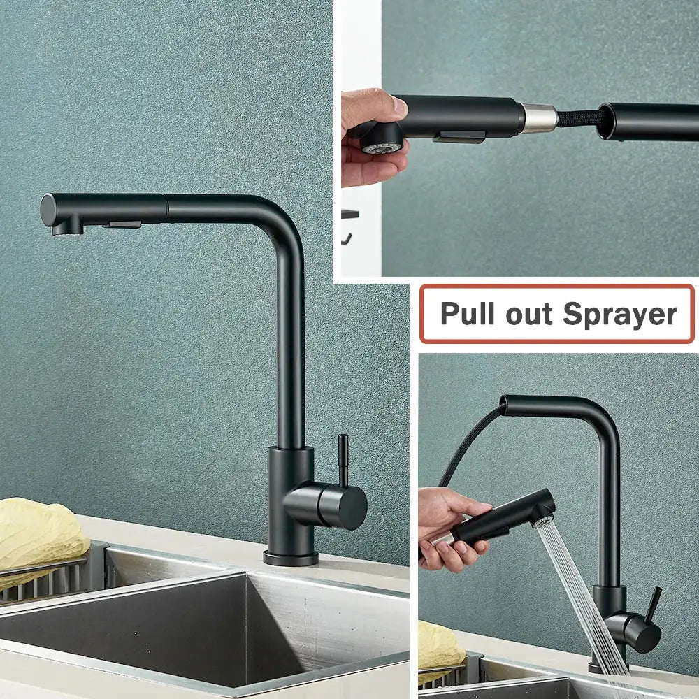 Decorbites black pull out kitchen faucet with dual mode nozzle