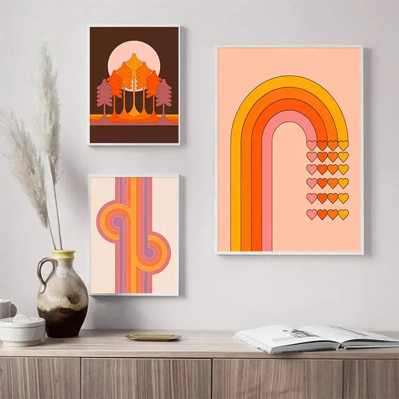 Boho orange & red floral art prints living room decor