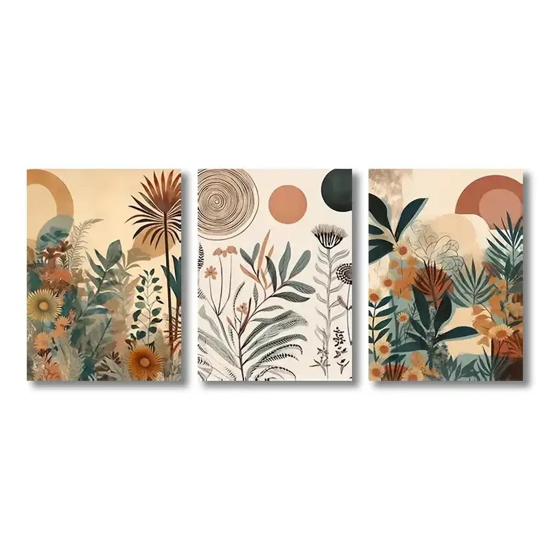 Boho floral orange & green canvas art set bedroom wall decor