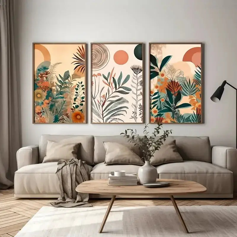 Boho floral orange & green canvas art set bedroom wall decor