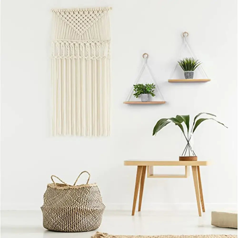 Boho macrame hanging shelf – living room natural wood decor